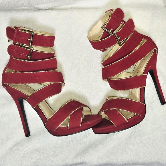 Liliana Red/Gold Stiletto Heels w/ Crisscross Straps Buckles SWAG DIVA CLUB BOLD - Picture 1 of 15